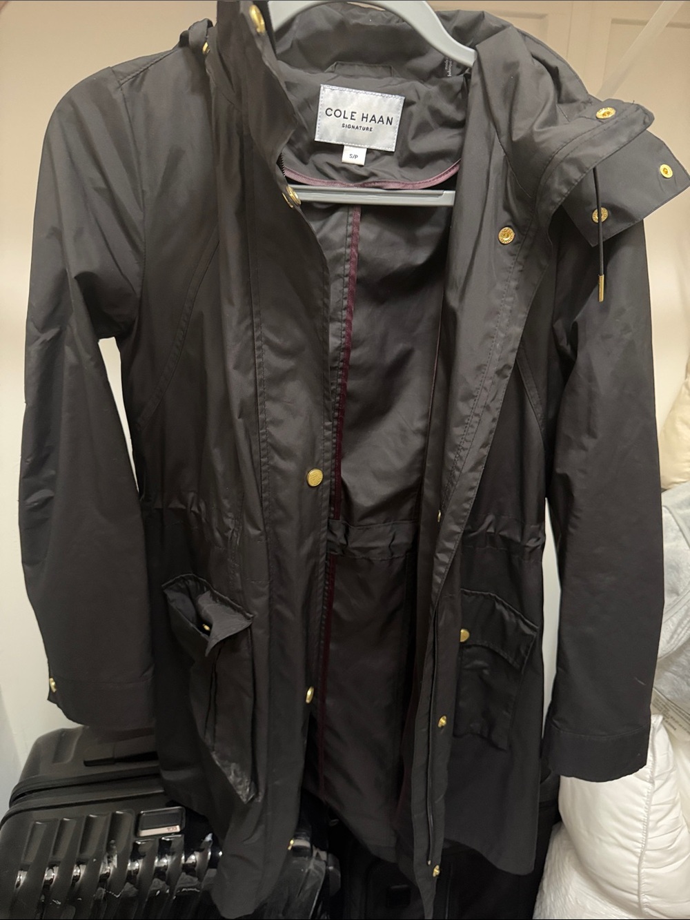 Cole Haan Black Hooded Packable Trench Coat